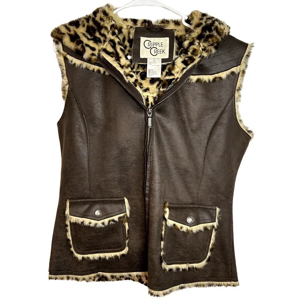 Cripple Creek Cheetah Print Shearling Hooded Vest Womens Size Large Brown Cream